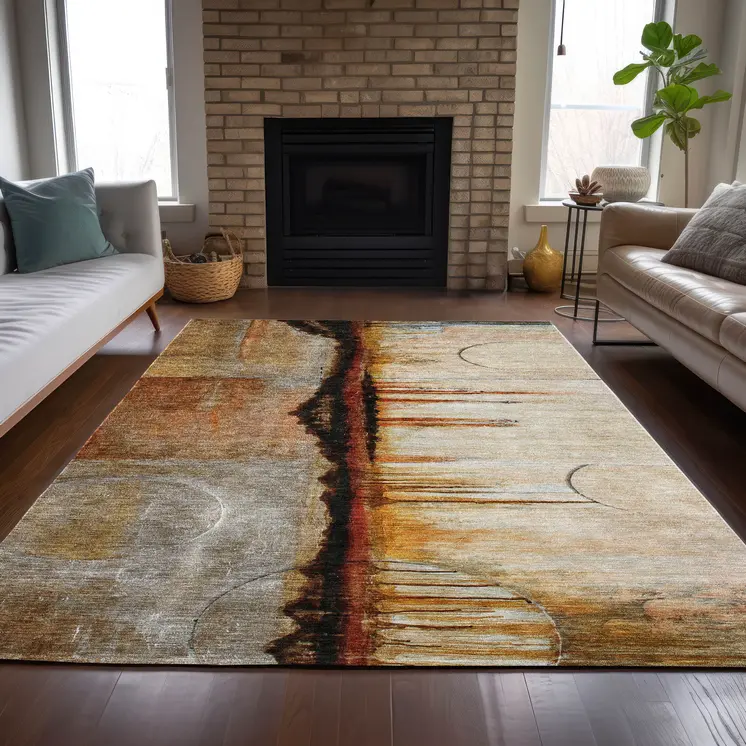 3' X 5' Rust And Charcoal Abstract Washable Indoor Outdoor Area Rug