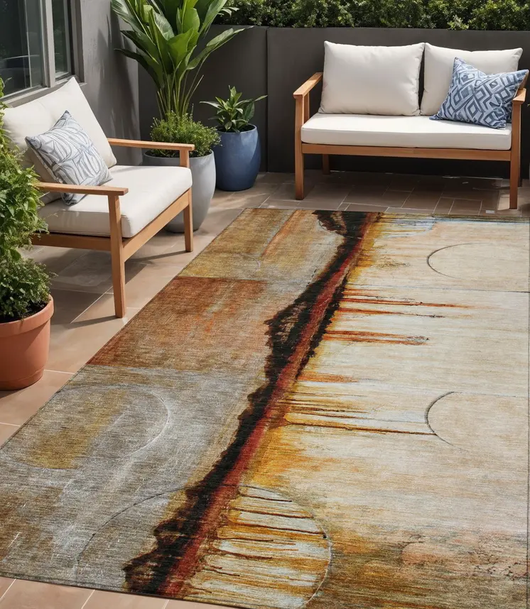 5' X 8' Rust And Charcoal Abstract Washable Indoor Outdoor Area Rug