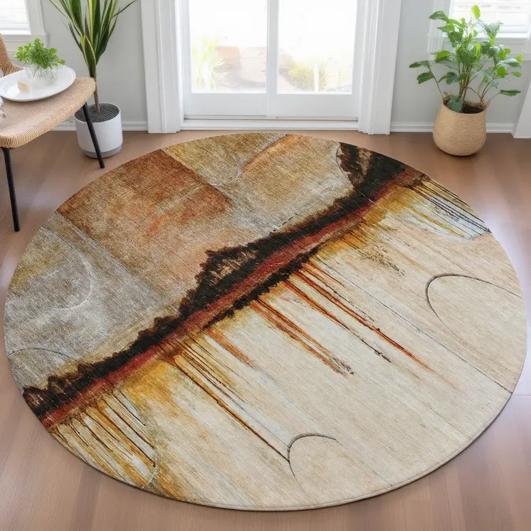 8' Rust And Charcoal Round Abstract Washable Indoor Outdoor Area Rug