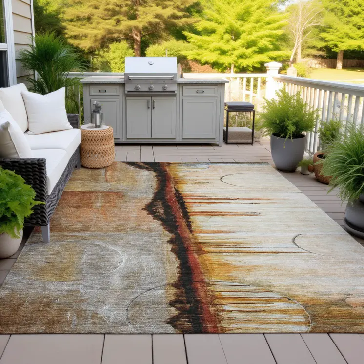 9' X 12' Rust And Charcoal Abstract Washable Indoor Outdoor Area Rug