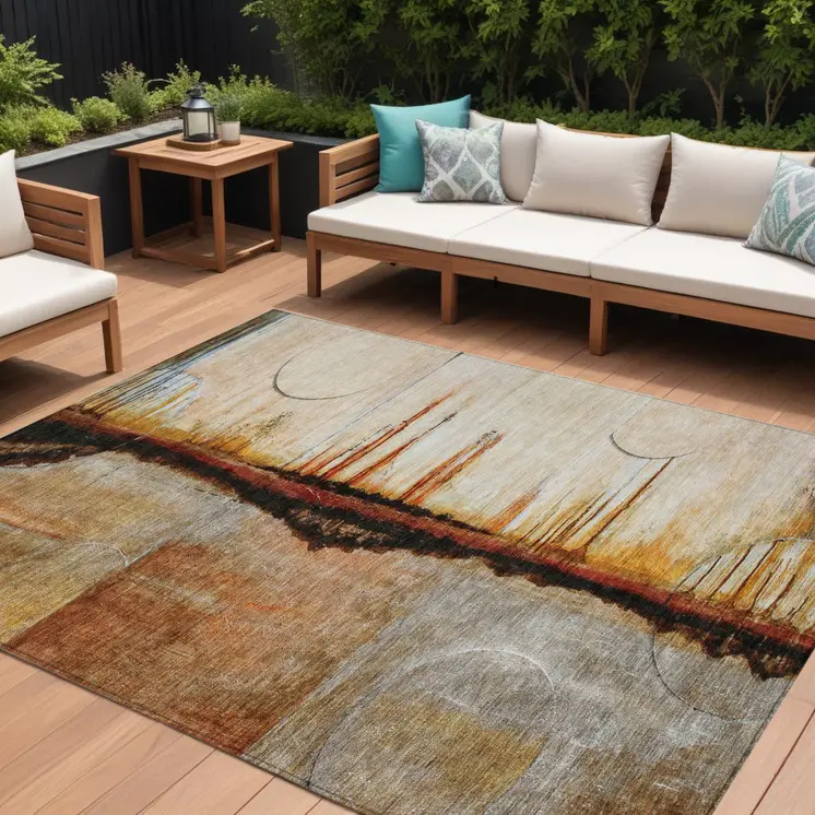 10' X 14' Rust And Charcoal Abstract Washable Indoor Outdoor Area Rug