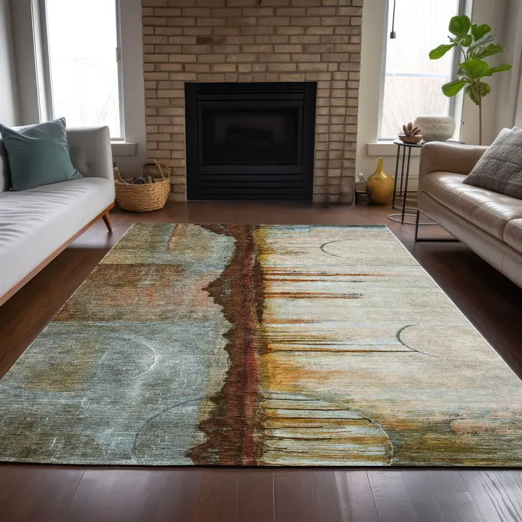 3' X 5' Rust And Beige Abstract Washable Indoor Outdoor Area Rug