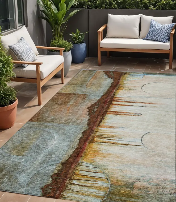 5' X 8' Rust And Beige Abstract Washable Indoor Outdoor Area Rug