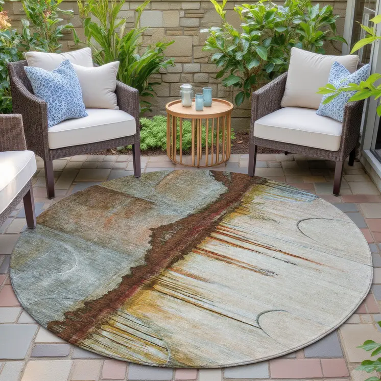 8' Rust And Beige Round Abstract Washable Indoor Outdoor Area Rug