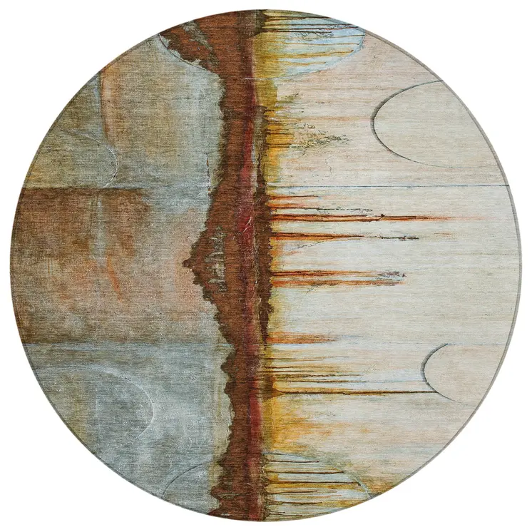 8' Rust And Beige Round Abstract Washable Indoor Outdoor Area Rug