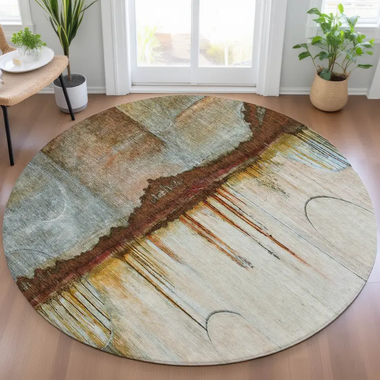 8' Rust And Beige Round Abstract Washable Indoor Outdoor Area Rug