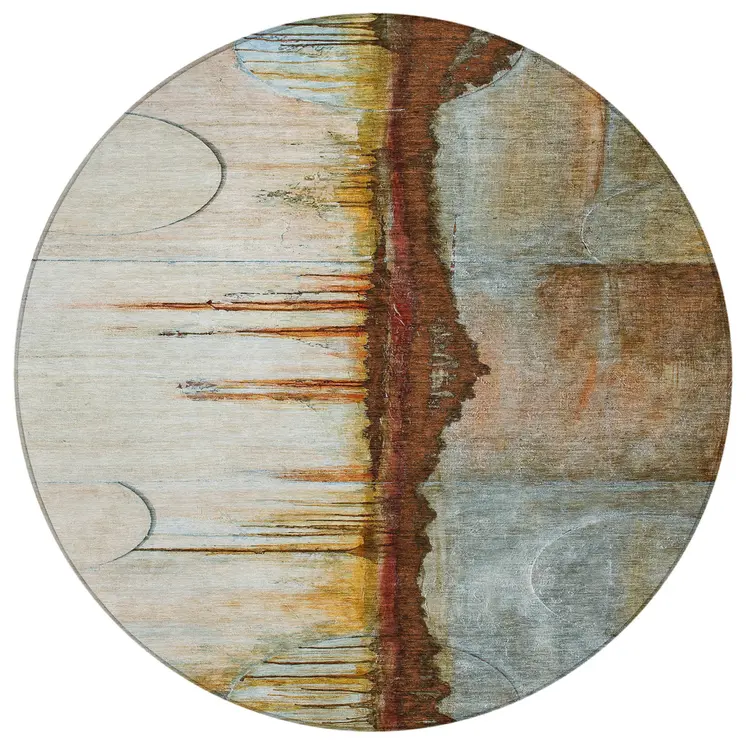 8' Rust And Beige Round Abstract Washable Indoor Outdoor Area Rug