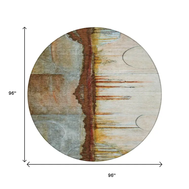 8' Rust And Beige Round Abstract Washable Indoor Outdoor Area Rug