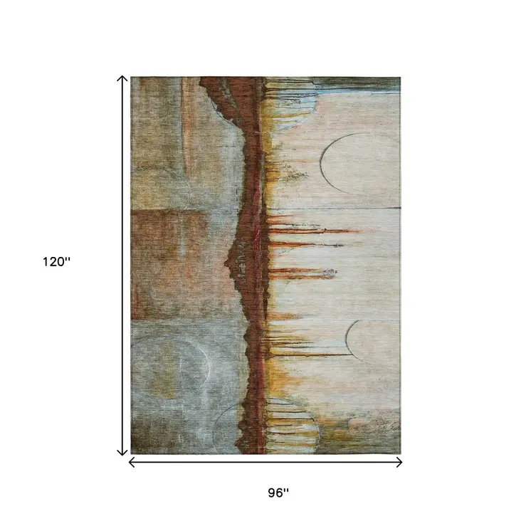 8' X 10' Rust And Beige Abstract Washable Indoor Outdoor Area Rug