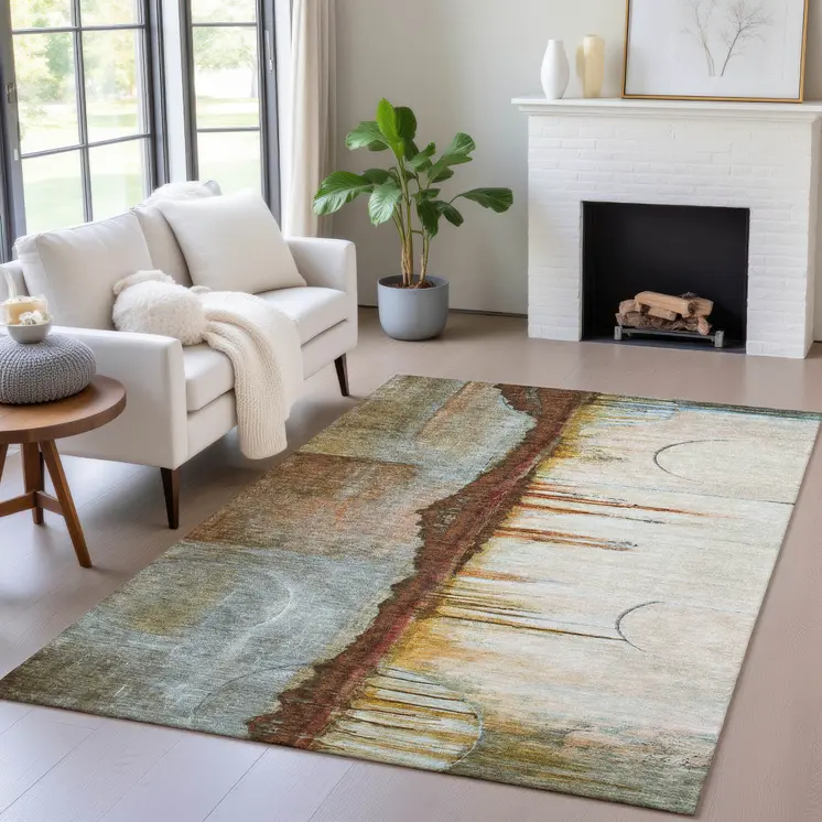 8' X 10' Rust And Beige Abstract Washable Indoor Outdoor Area Rug