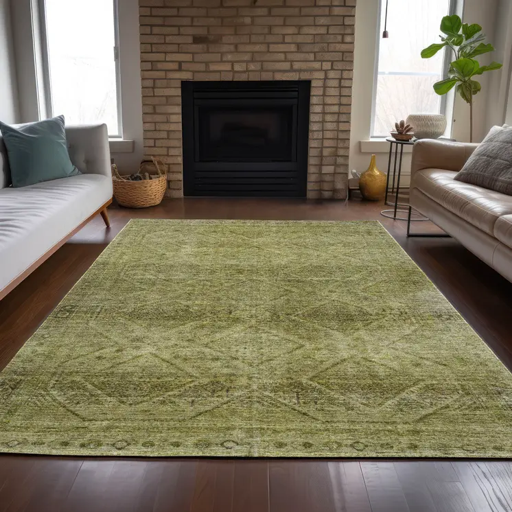 3' X 5' Artichoke Green And Ivory Geometric Washable Indoor Outdoor Area Rug
