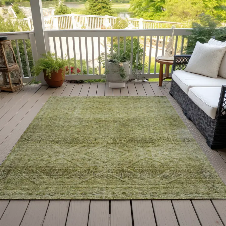 3' X 5' Artichoke Green And Ivory Geometric Washable Indoor Outdoor Area Rug