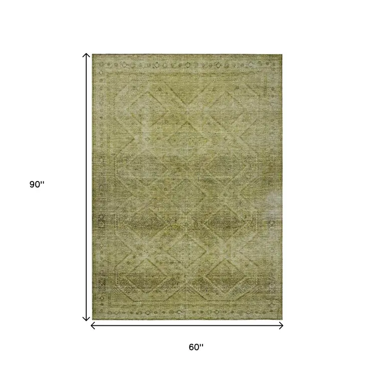 5' X 8' Artichoke Green And Ivory Geometric Washable Indoor Outdoor Area Rug