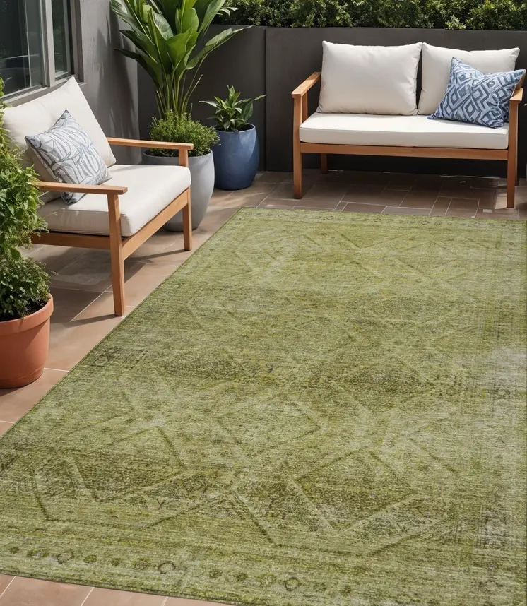 5' X 8' Artichoke Green And Ivory Geometric Washable Indoor Outdoor Area Rug