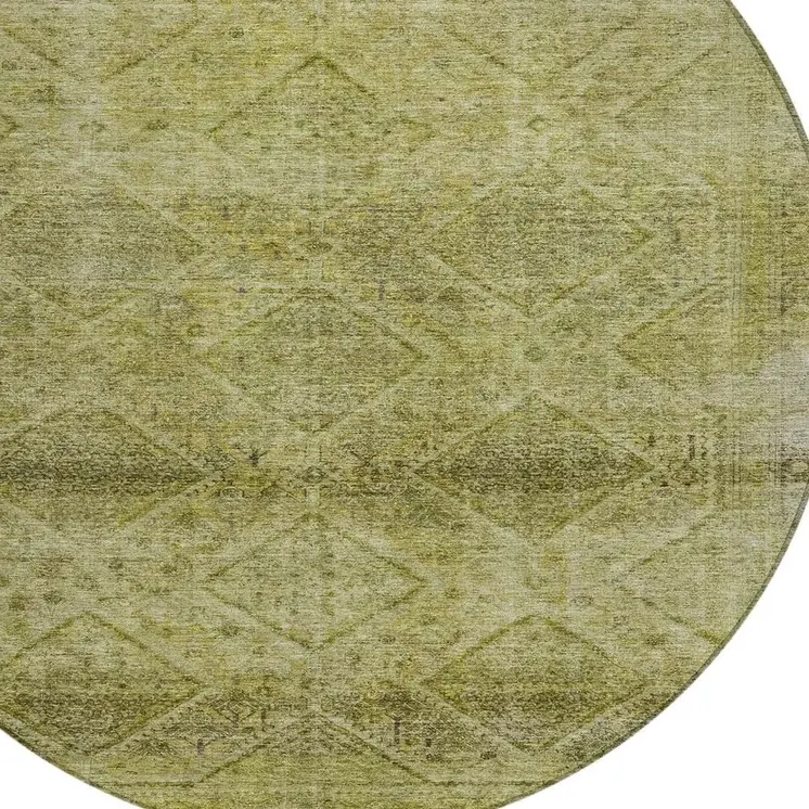8' Artichoke Green And Ivory Round Geometric Washable Indoor Outdoor Area Rug