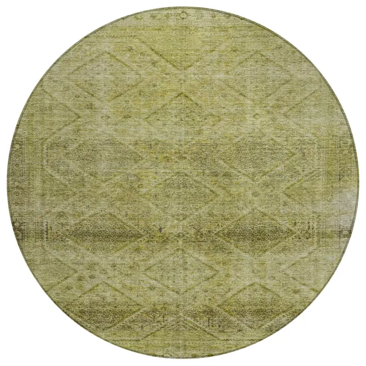 8' Artichoke Green And Ivory Round Geometric Washable Indoor Outdoor Area Rug