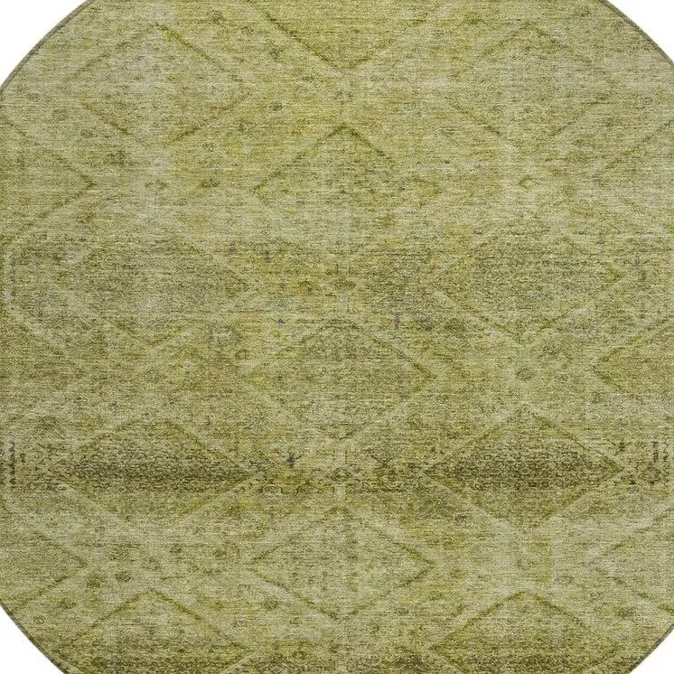 8' Artichoke Green And Ivory Round Geometric Washable Indoor Outdoor Area Rug