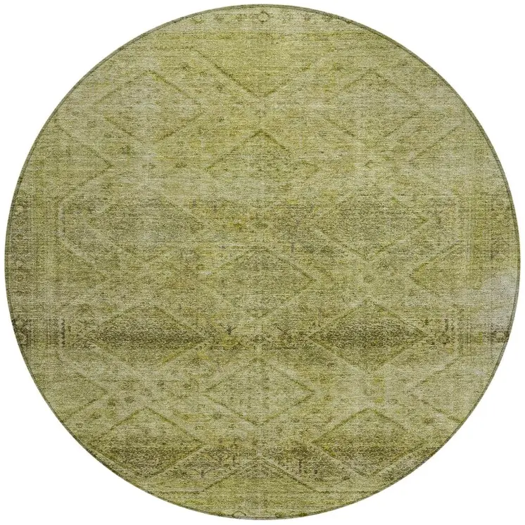 8' Artichoke Green And Ivory Round Geometric Washable Indoor Outdoor Area Rug