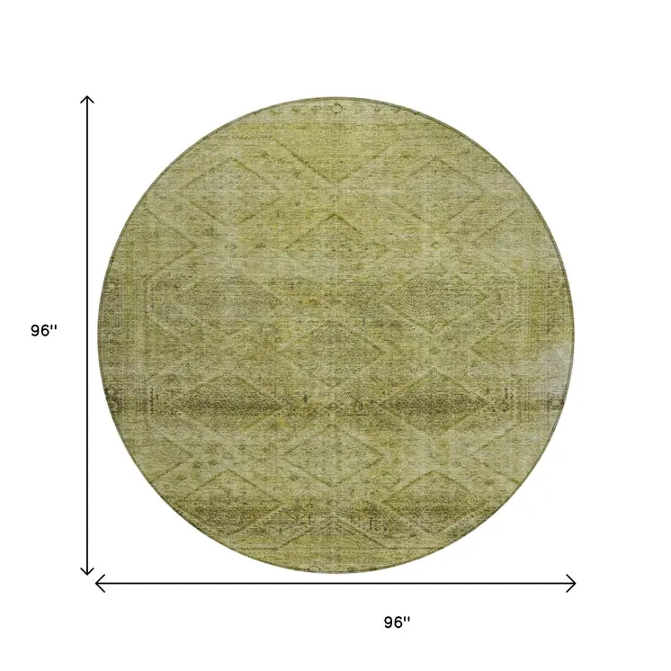 8' Artichoke Green And Ivory Round Geometric Washable Indoor Outdoor Area Rug