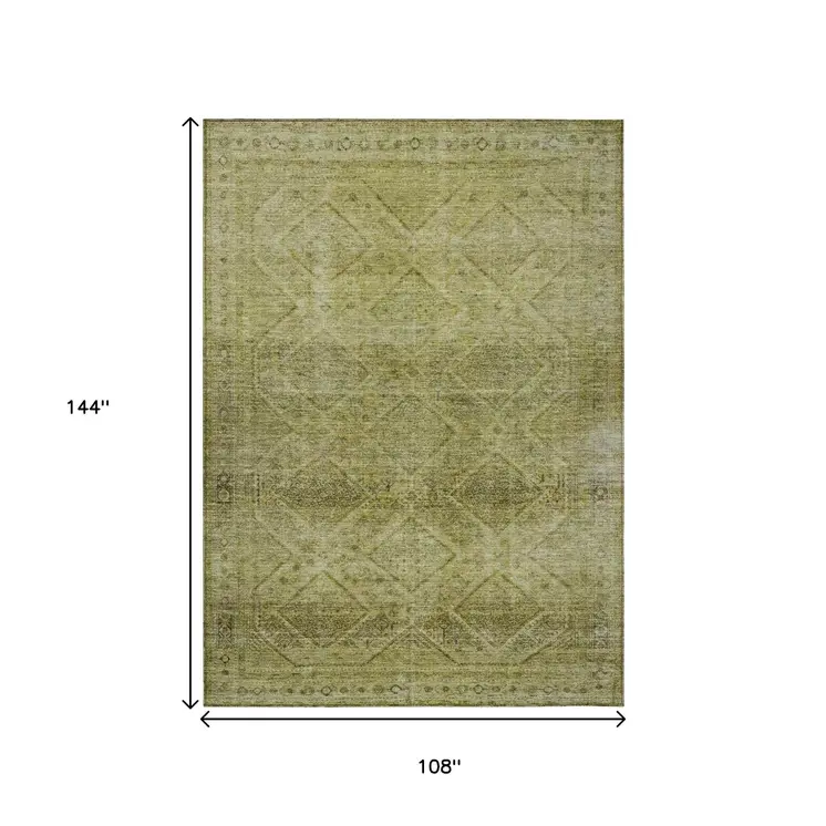 9' X 12' Artichoke Green And Ivory Geometric Washable Indoor Outdoor Area Rug