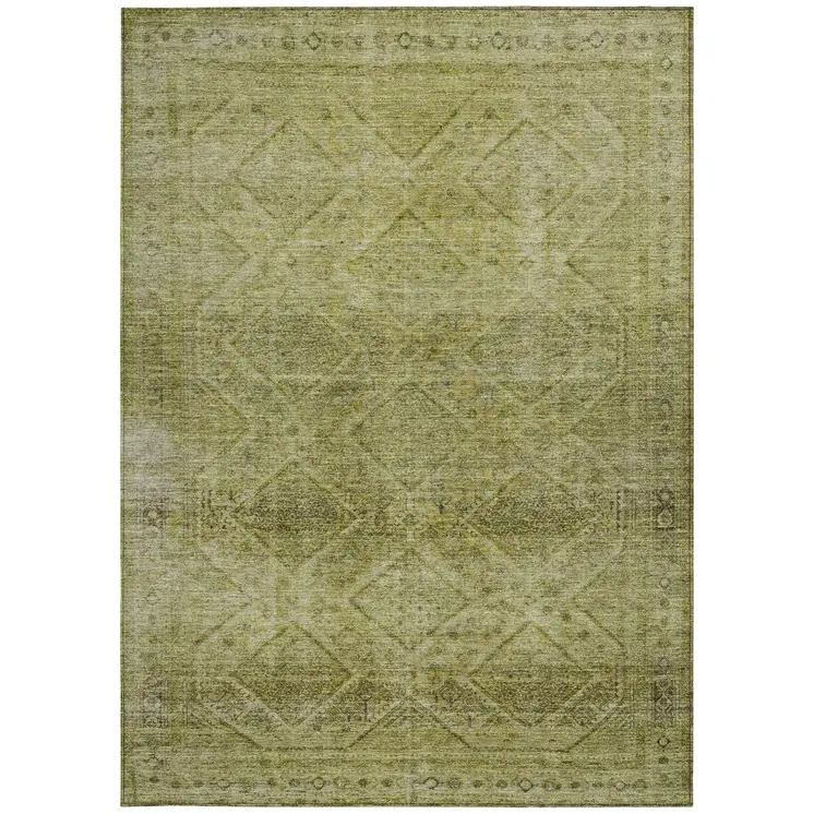 9' X 12' Artichoke Green And Ivory Geometric Washable Indoor Outdoor Area Rug