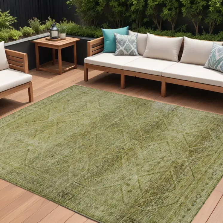 9' X 12' Artichoke Green And Ivory Geometric Washable Indoor Outdoor Area Rug