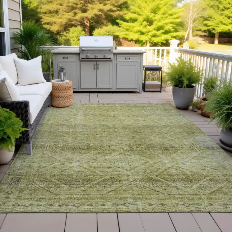 9' X 12' Artichoke Green And Ivory Geometric Washable Indoor Outdoor Area Rug