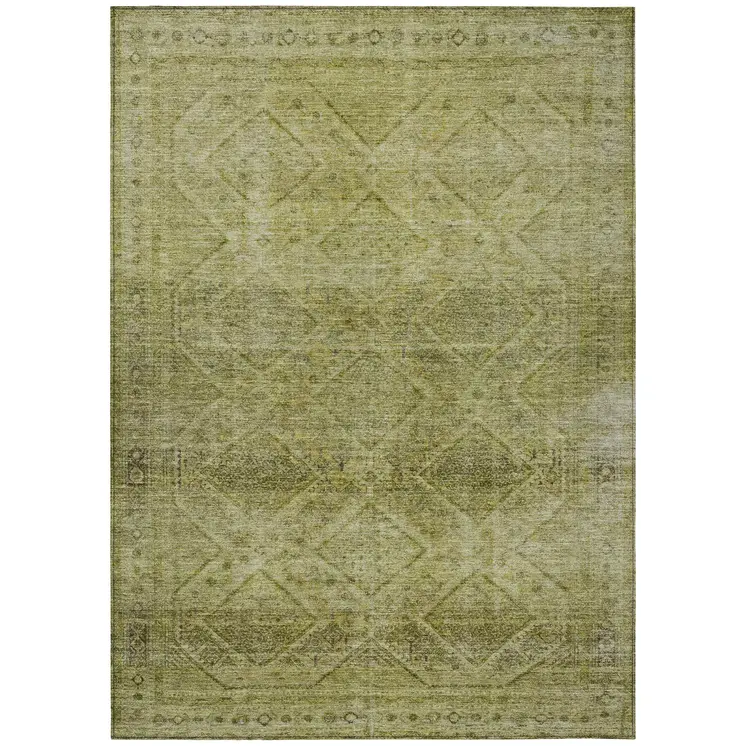 9' X 12' Artichoke Green And Ivory Geometric Washable Indoor Outdoor Area Rug