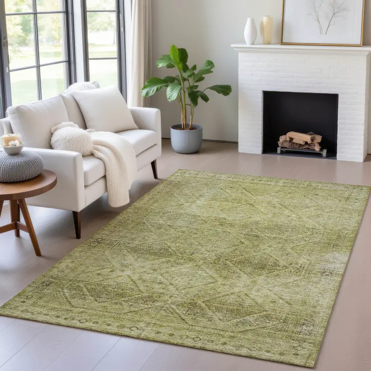 9' X 12' Artichoke Green And Ivory Geometric Washable Indoor Outdoor Area Rug
