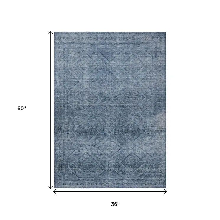 3' X 5' Blue And Ivory Geometric Washable Indoor Outdoor Area Rug
