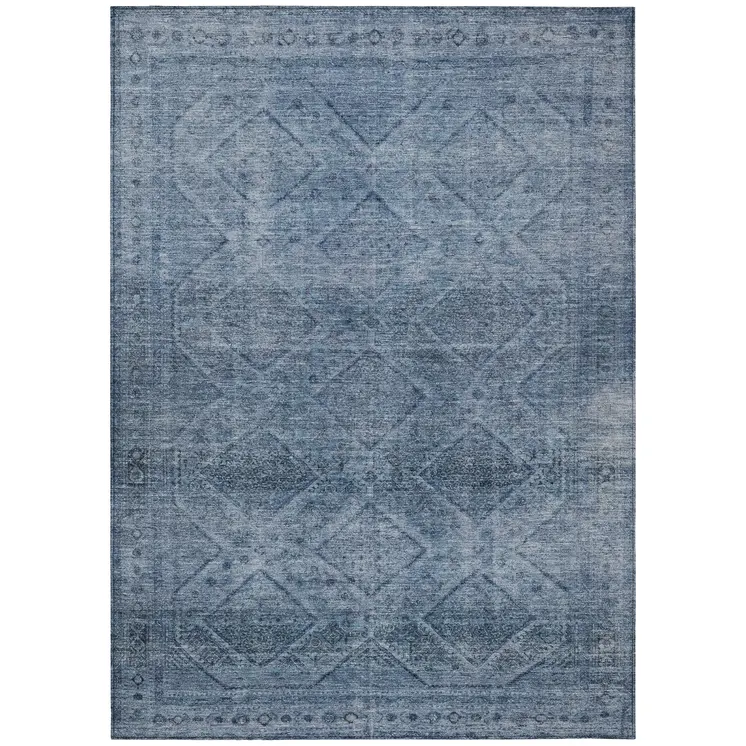 3' X 5' Blue And Ivory Geometric Washable Indoor Outdoor Area Rug