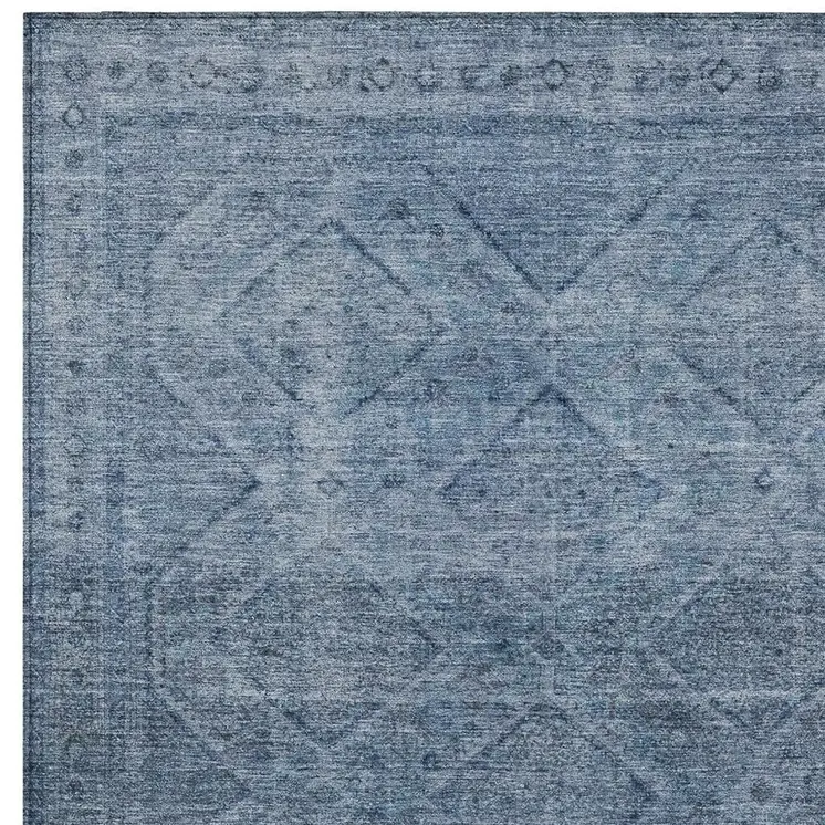 5' X 8' Blue And Ivory Geometric Washable Indoor Outdoor Area Rug