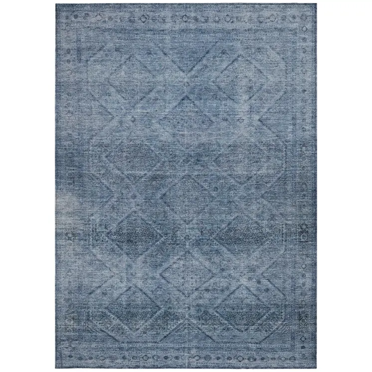 5' X 8' Blue And Ivory Geometric Washable Indoor Outdoor Area Rug