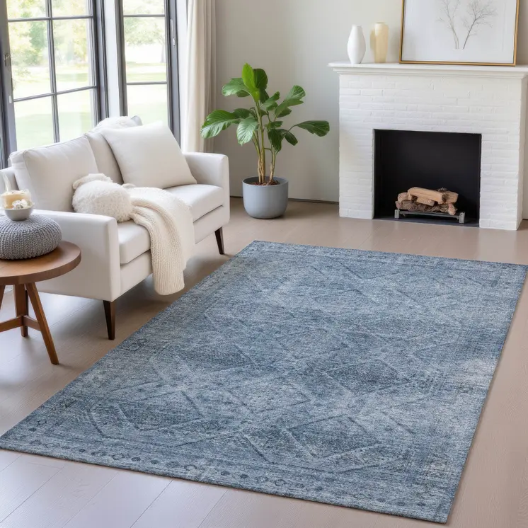 5' X 8' Blue And Ivory Geometric Washable Indoor Outdoor Area Rug