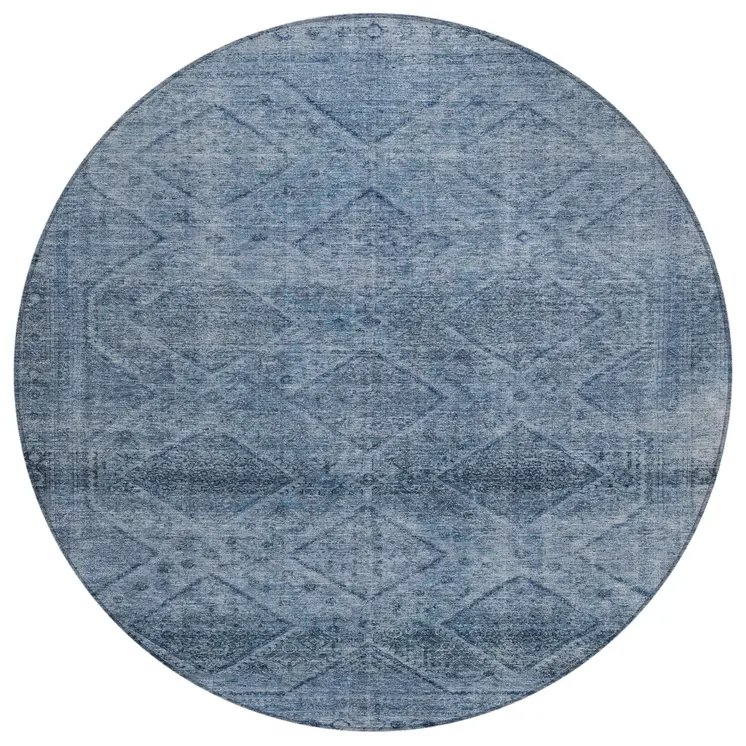 8' Blue And Ivory Round Geometric Washable Indoor Outdoor Area Rug
