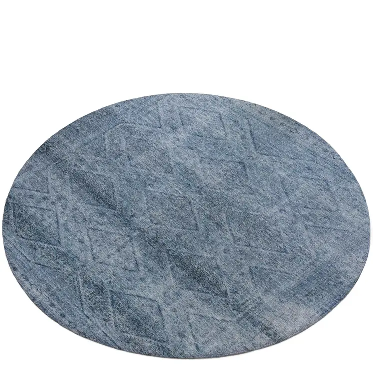 8' Blue And Ivory Round Geometric Washable Indoor Outdoor Area Rug
