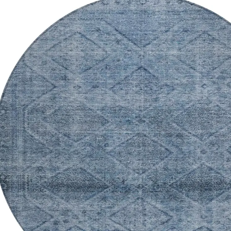 8' Blue And Ivory Round Geometric Washable Indoor Outdoor Area Rug