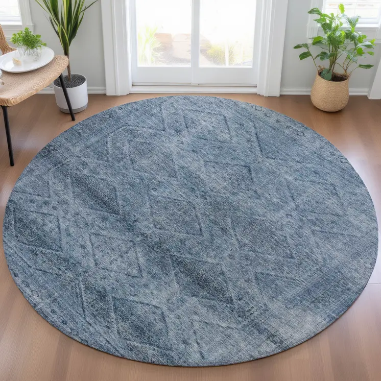 8' Blue And Ivory Round Geometric Washable Indoor Outdoor Area Rug