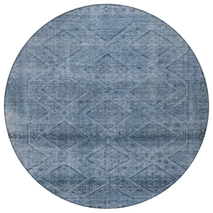 8' Blue And Ivory Round Geometric Washable Indoor Outdoor Area Rug