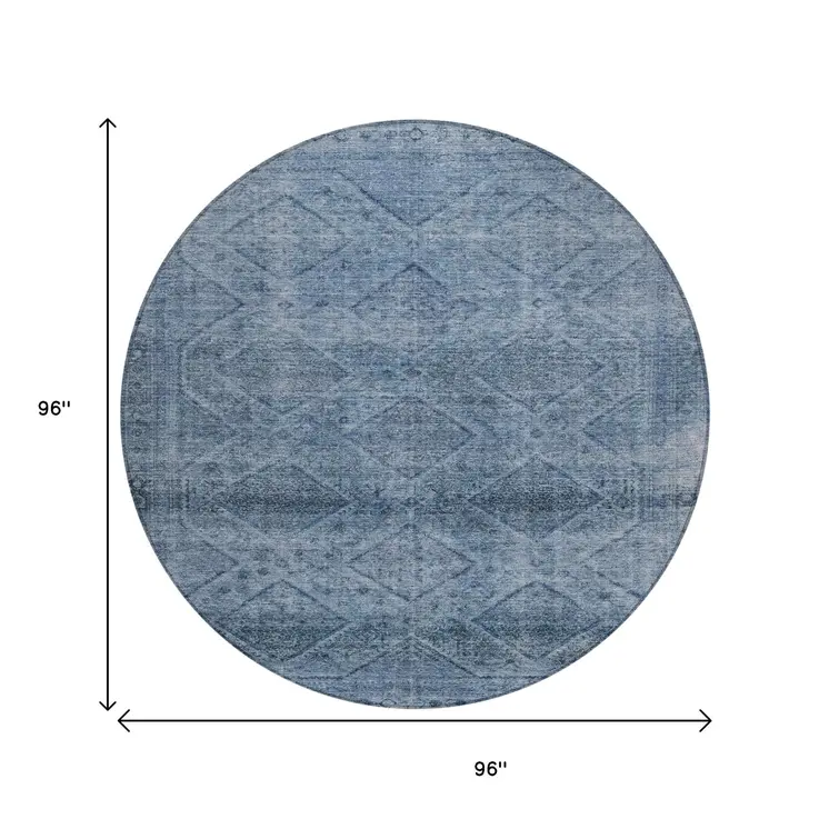 8' Blue And Ivory Round Geometric Washable Indoor Outdoor Area Rug