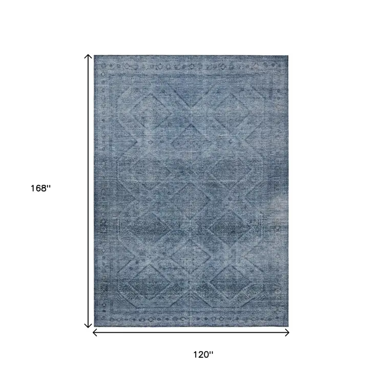 10' X 14' Blue And Ivory Geometric Washable Indoor Outdoor Area Rug