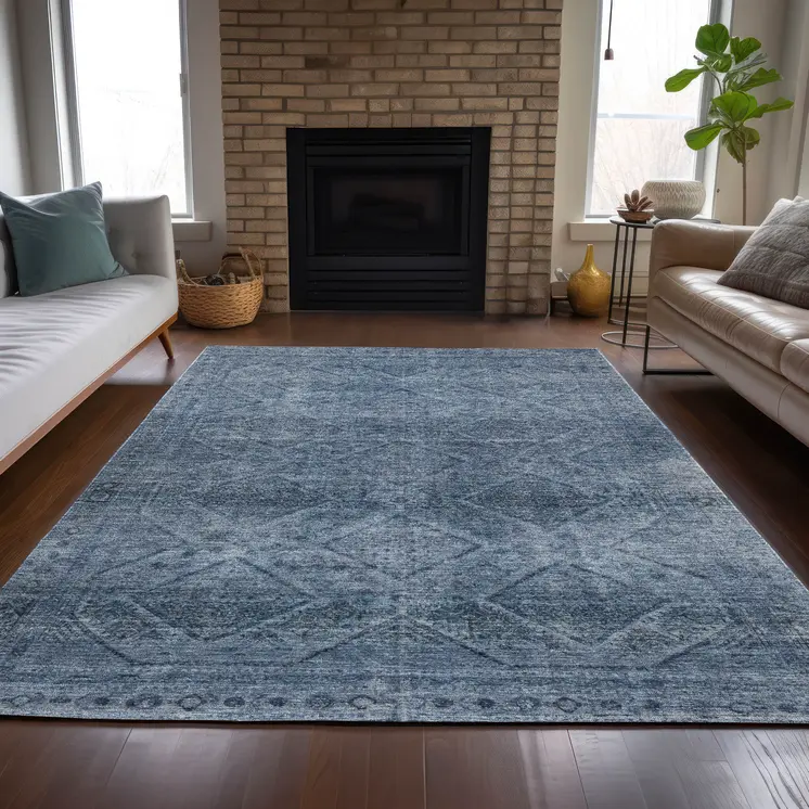 10' X 14' Blue And Ivory Geometric Washable Indoor Outdoor Area Rug