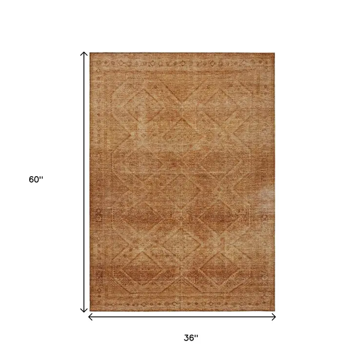 3' X 5' Copper And Ivory Geometric Washable Indoor Outdoor Area Rug