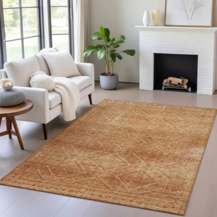 3' X 5' Copper And Ivory Geometric Washable Indoor Outdoor Area Rug