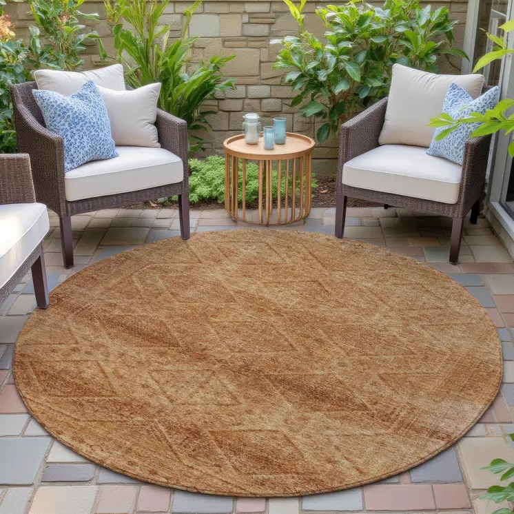8' Copper And Ivory Round Geometric Washable Indoor Outdoor Area Rug