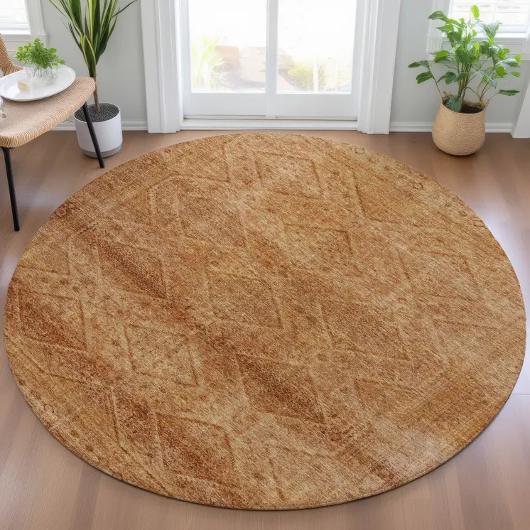 8' Copper And Ivory Round Geometric Washable Indoor Outdoor Area Rug