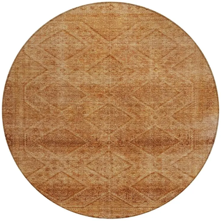 8' Copper And Ivory Round Geometric Washable Indoor Outdoor Area Rug