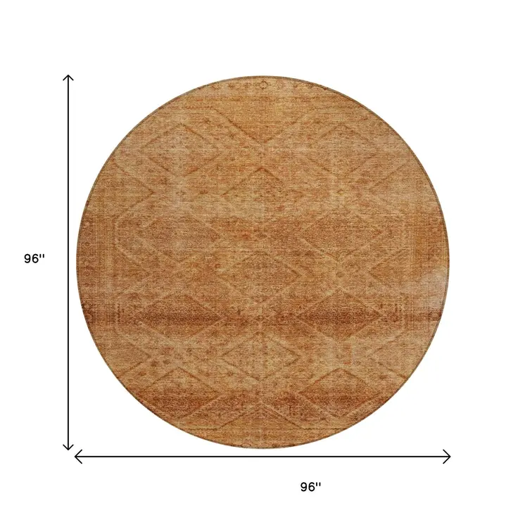 8' Copper And Ivory Round Geometric Washable Indoor Outdoor Area Rug
