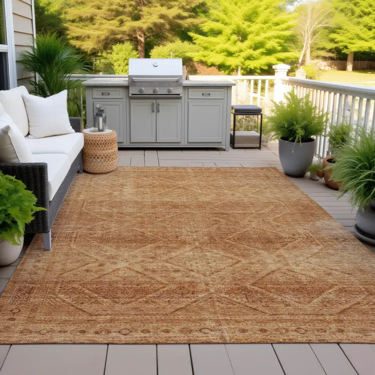 8' X 10' Copper And Ivory Geometric Washable Indoor Outdoor Area Rug