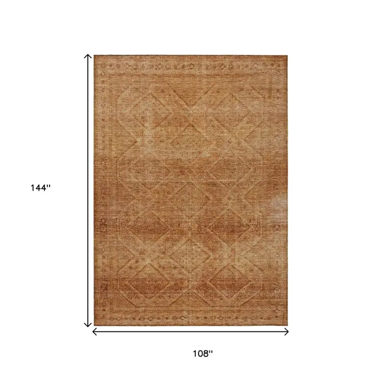 9' X 12' Copper And Ivory Geometric Washable Indoor Outdoor Area Rug